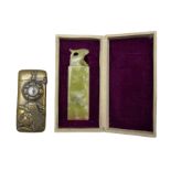 Japanese brass vesta case inset with a compass and a Chinese hardstone seal in case