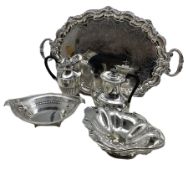 Silver plated engraved oval two handled tray L66cm