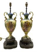 Pair Italian urn form lamps depicting Iliadic scene of Helen of Troy with Paris