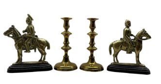 Pair of Victorian brass hearth ornaments in the form of soldiers on horseback H26cm and a pair of br