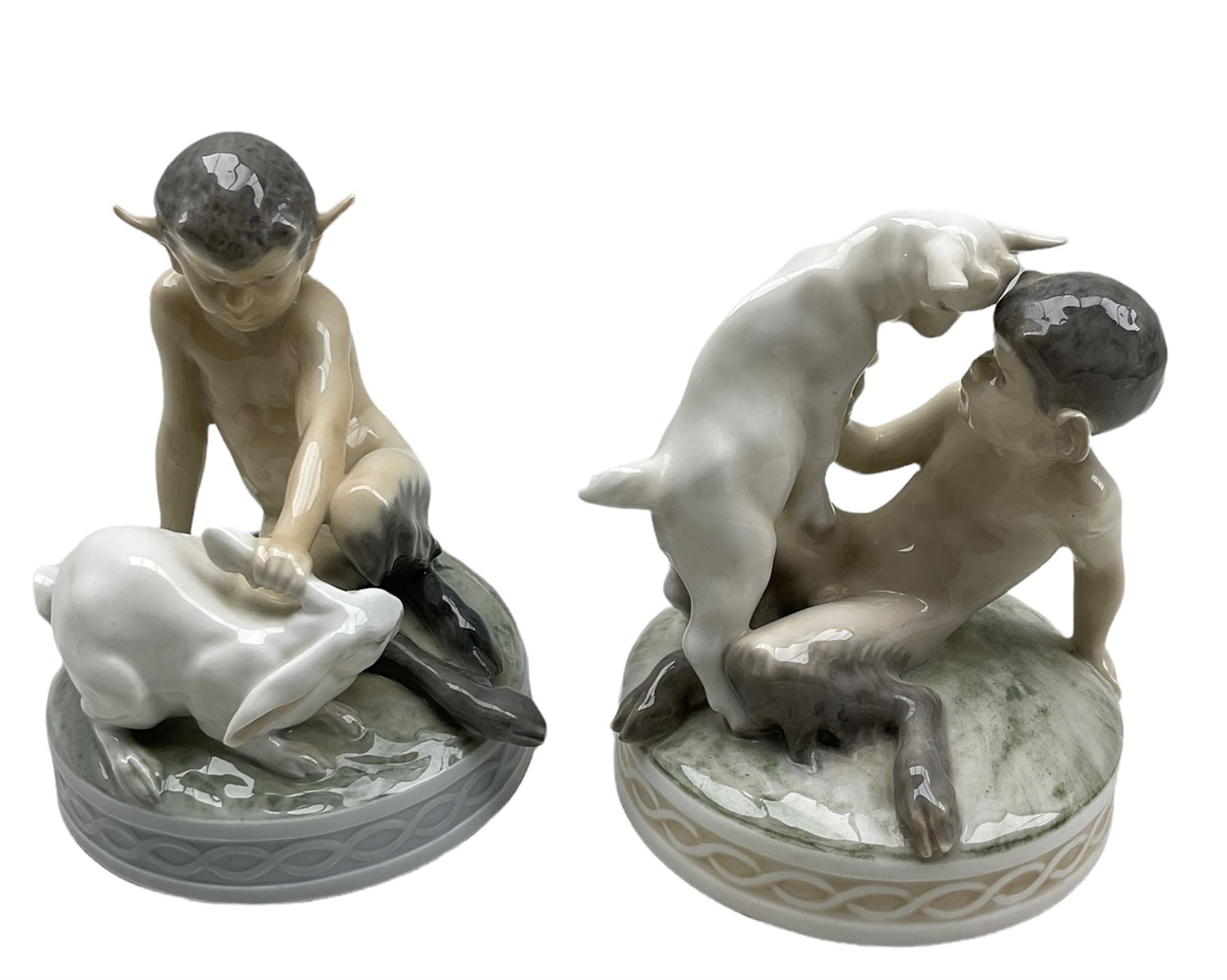 Two Royal Copenhagen figures 'Faun with Goat' no. 498 and 'Faun with Rabbit' no. 439 - Image 2 of 6