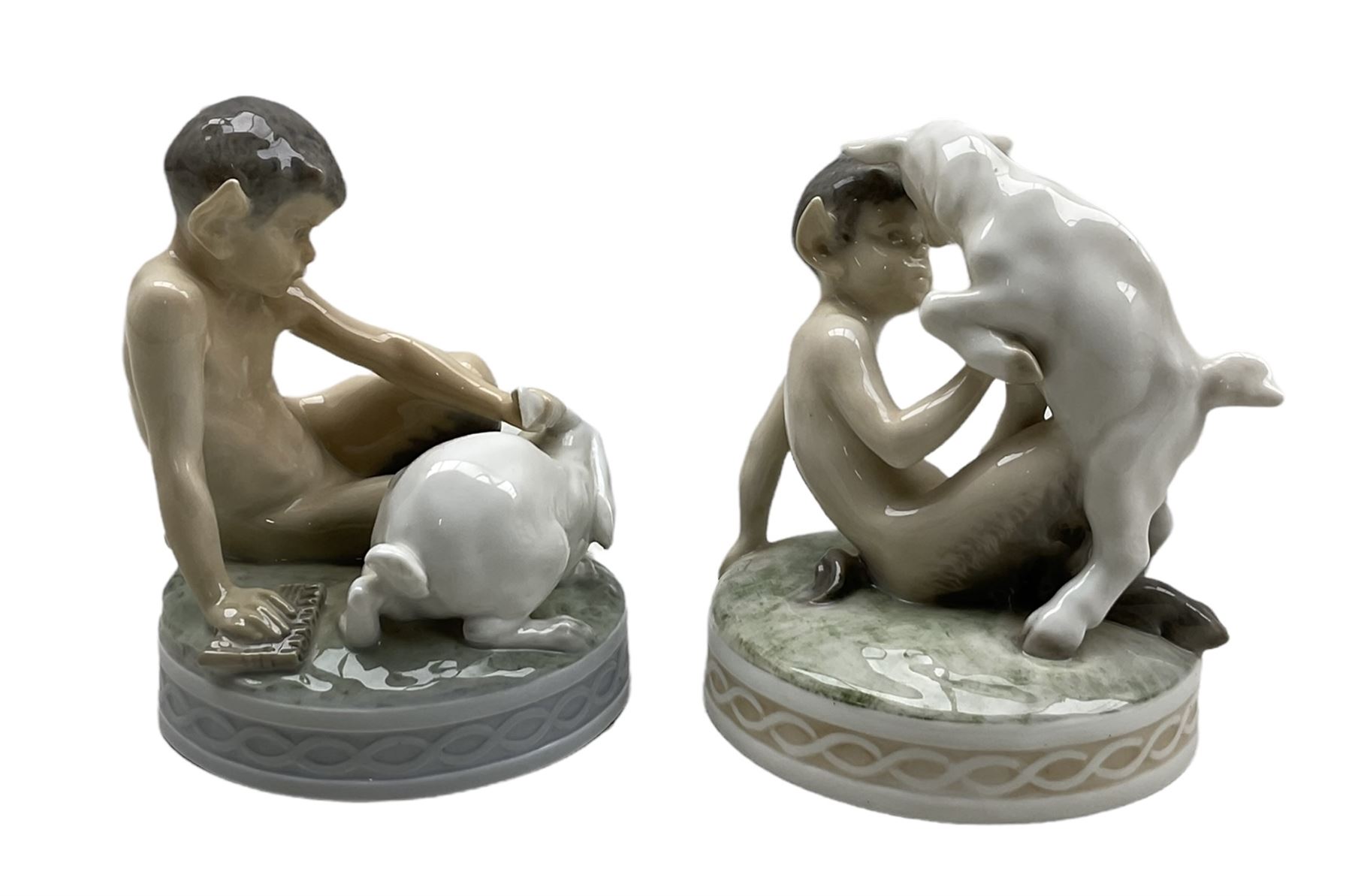 Two Royal Copenhagen figures 'Faun with Goat' no. 498 and 'Faun with Rabbit' no. 439 - Image 3 of 6