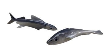 Royal Copenhagen porcelain Sardine no. 459 and Flying Fish no. 3050 designed by Francis Valdemar Pla