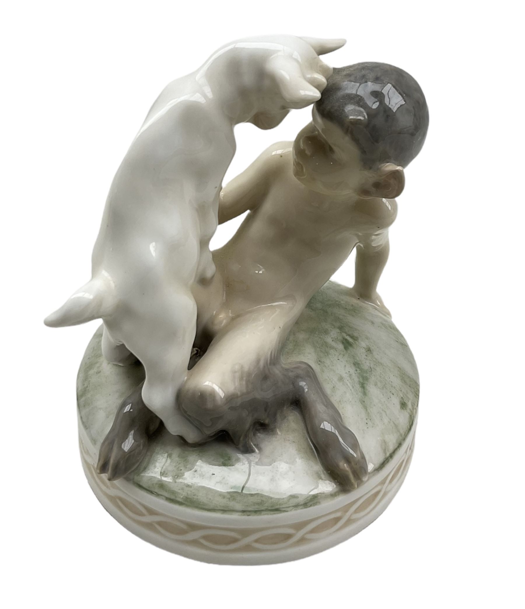 Two Royal Copenhagen figures 'Faun with Goat' no. 498 and 'Faun with Rabbit' no. 439 - Image 5 of 6