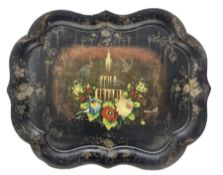 Victorian papier mache tray of serpentine outline painted with flowers and birds 78cm x 59cm