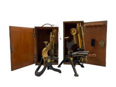 Lacquered brass microscope by Henry Crouch London No3991 in mahogany case and another by Watson 'Fra