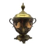 19th century French brass two handled coal box with pierced decoration and on leaf pattern feet