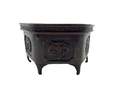 Chinese Ming dynasty bronze incense burner of hexagonal design with key pattern border and with pane