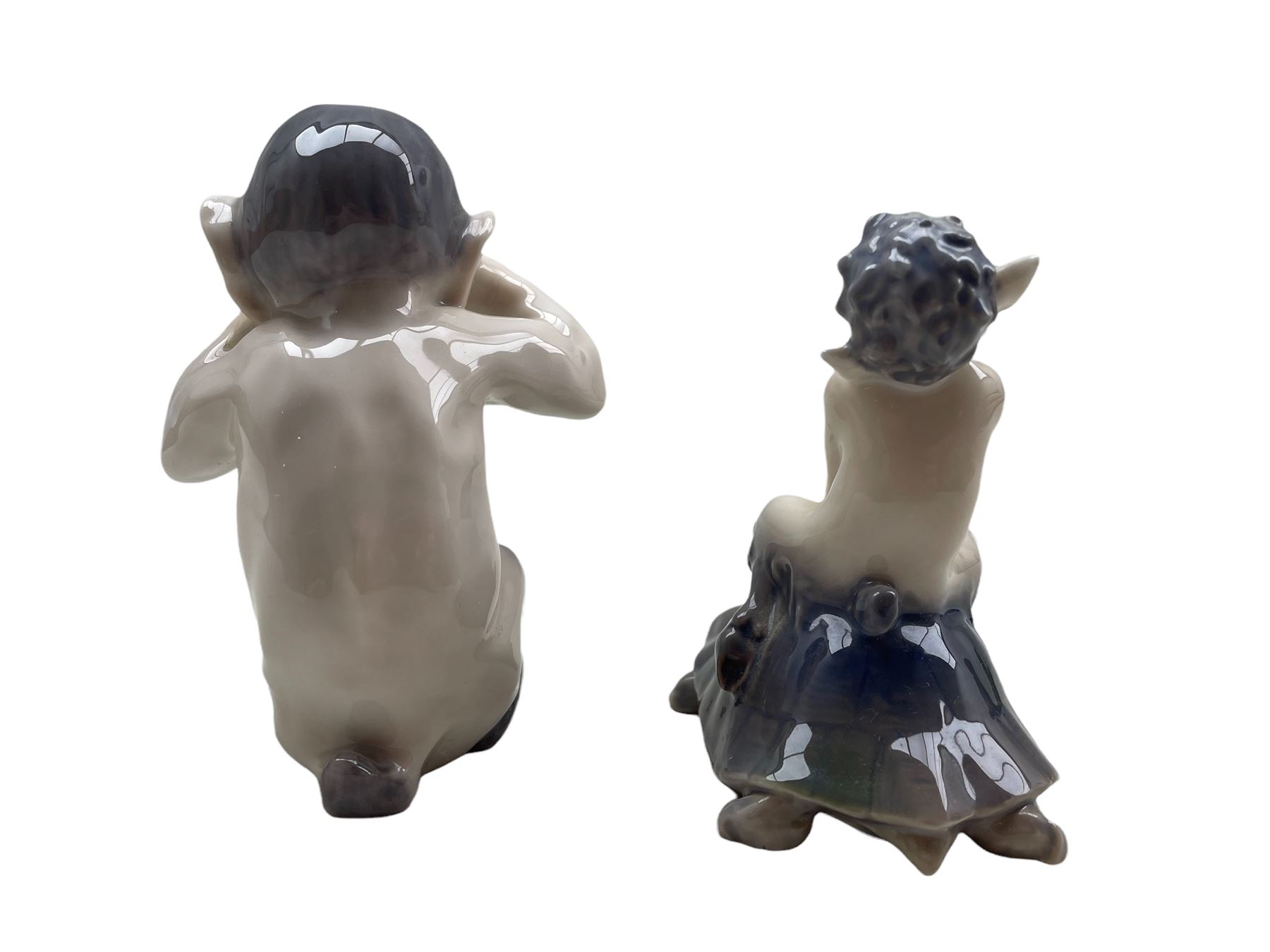 Two Royal Copenhagen figures 'Crying Faun' no. 1061 designed by Knud Kyhn H11cm and 'Faun on Tortois - Image 2 of 4