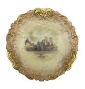 Edwardian Royal China Works Worcester blush ivory cabinet plate centrally painted with a scene of Yo