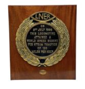 Replica brass and black enamel LNER plaque commemorating the Mallard World Speed Record