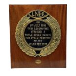 Replica brass and black enamel LNER plaque commemorating the Mallard World Speed Record