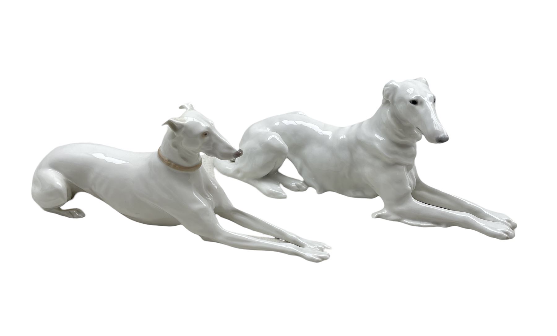 Two Bing & Grondahl dogs: Borzoi no. 1811 designed by Lauritz Jensen and a Greyhound no. 2079 L30cm