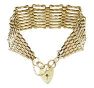 9ct gold eight bar gate bracelet with heart locket clasp