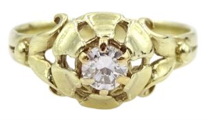 14ct gold single stone round brilliant cut diamond ring with pierced flower and leaf design setting