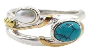 Silver and 14ct gold wire turquoise and pearl ring