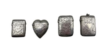 Late Victorian silver heart shape vesta case with engraved decoration Birmingham 1898 and three othe