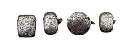 Engraved silver circular vesta case Birmingham 1913 and three small engraved silver vesta cases (4)