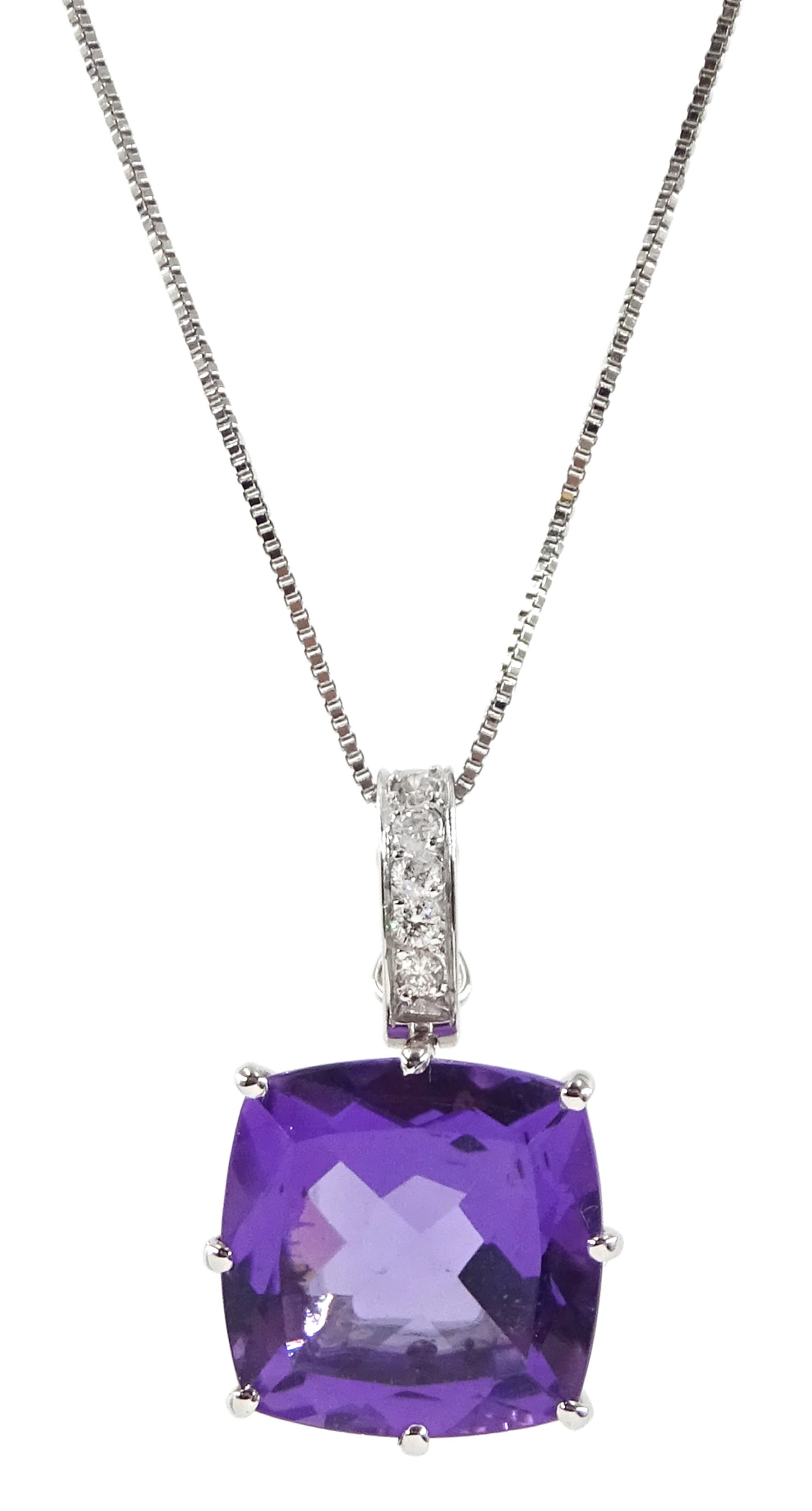 18ct white gold square cut amethyst and diamond diamond pendant necklace