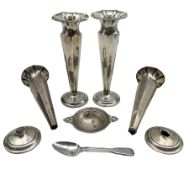 Set of four silver trumpet shape panel sided vases (a/f)