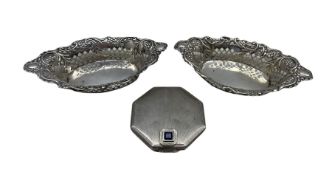 Pair of Edwardian silver sweetmeat dishes with pierced decoration L15cm London 1902 and an engine tu