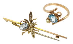 Early20th century gold blue topaz and seed pearl insect brooch