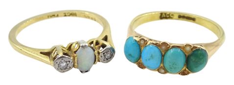 Early 20th century gold three stone opal and illusion set diamond ring