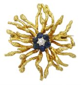 18ct gold round diamond and sapphire abstract design brooch