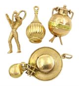 Four 18ct gold charms including rose gold cooking pot