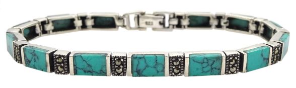 Silver turquoise and marcasite rectangle link bracelet