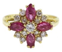 18ct gold marquise shaped pink sapphire and round brilliant cut diamond cluster ring