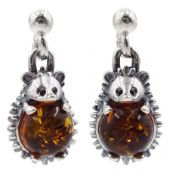 Pair of silver Baltic amber hedgehog pendant stud earrings