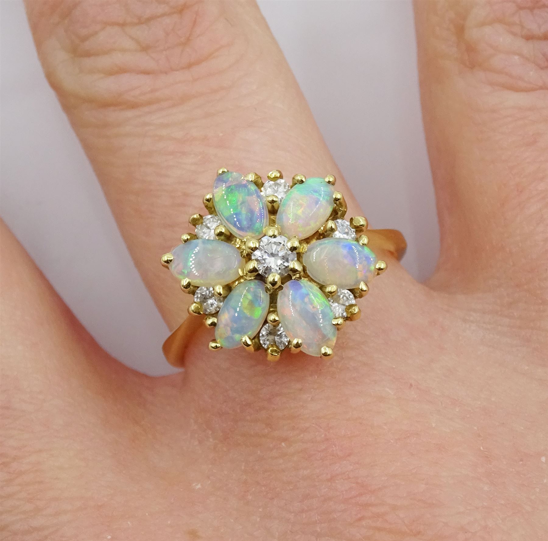 18ct gold round oval opal and round brilliant cut diamond cluster ring - Image 2 of 3