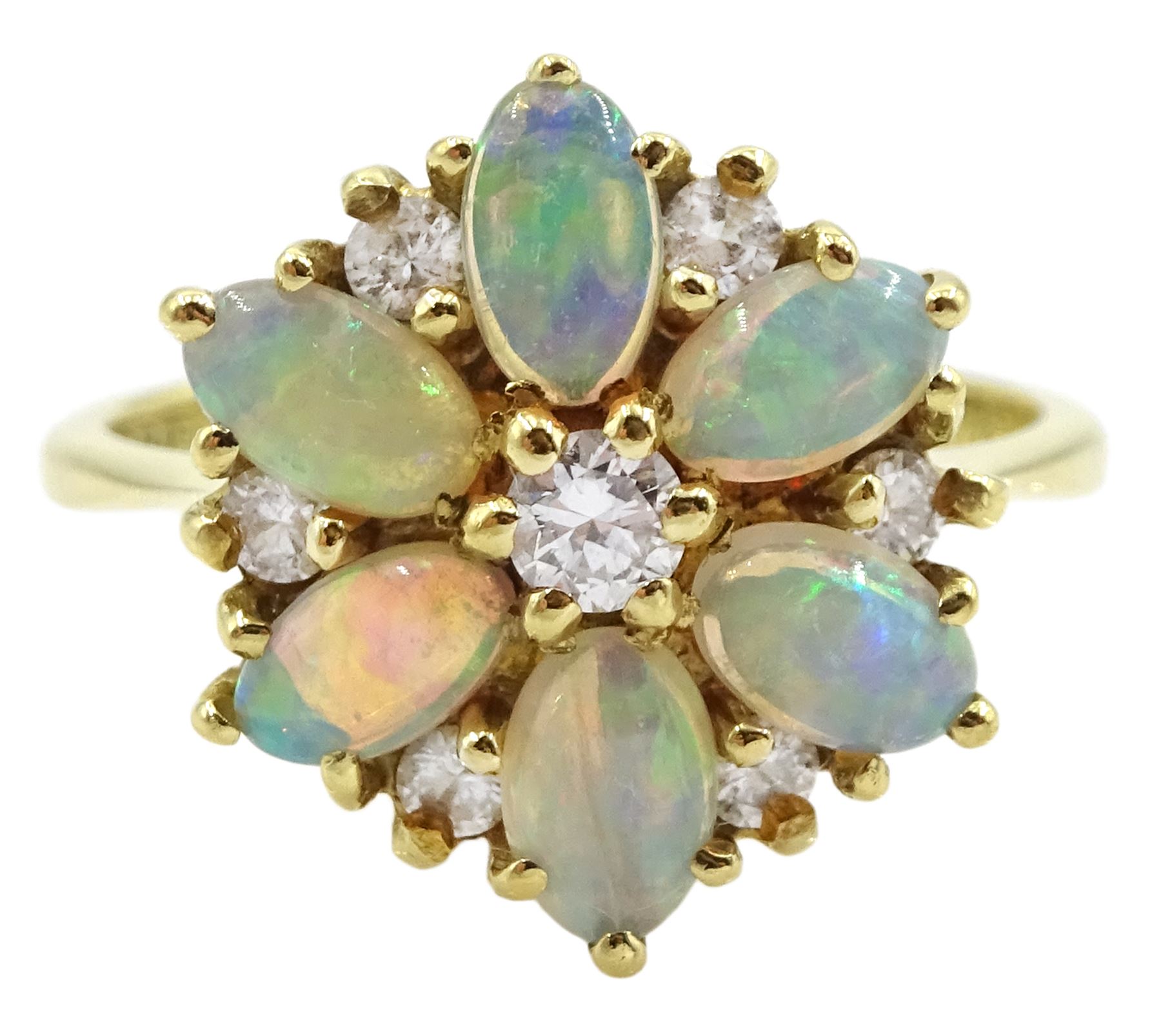 18ct gold round oval opal and round brilliant cut diamond cluster ring