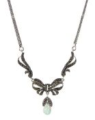 Silver marcasite and opal bow pendant necklace