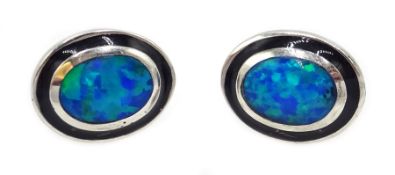 Silver oval opal and enamel stud earrings