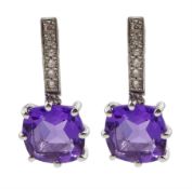 Pair of 18ct white gold square cut amethyst and diamond diamond pendant earrings