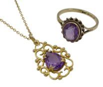 Gold pear shaped amethyst pendant necklace and a gold single stone oval amethyst ring