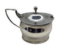 George III silver oval mustard pot with reeded handle and blue glass liner London 1802 Maker Alice a