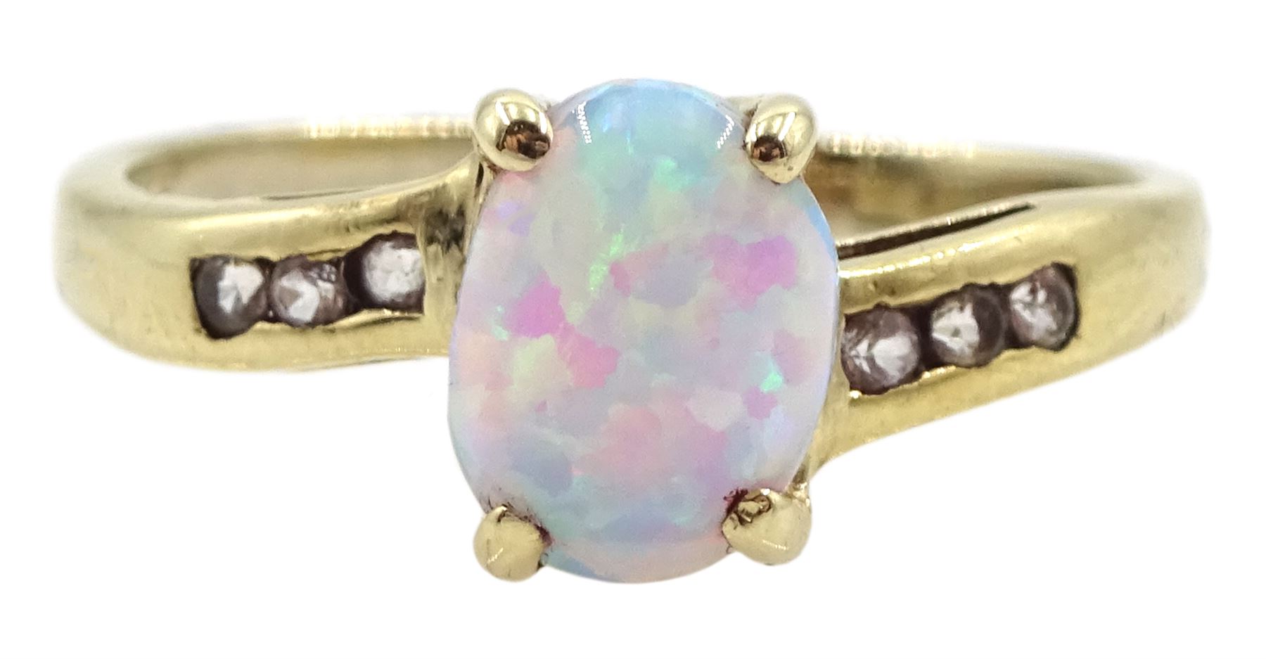 9ct gold single stone oval opal ring with cubic zirconia set shoulders