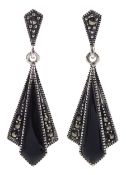 Pair of silver black onyx and marcasite pendant earrings