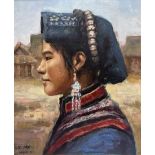 Shi Mo (Chinese 20th century): Side Profile Portrait of a Young Woman