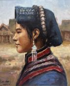 Shi Mo (Chinese 20th century): Side Profile Portrait of a Young Woman