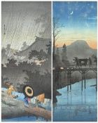 Japanese School (Meiji period): Three Figures Caught in Rain next to Temple and Figures Crossing a B