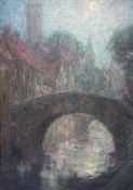 Tom Robertson (Scottish 1850-1947): Stone Bridge in Bruges at Moonlight