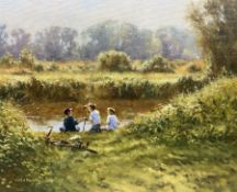 Michael John Fowler (British 1957-): 'Summer Reflections' Children Fishing on the River Bank