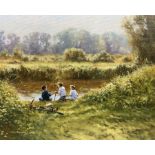 Michael John Fowler (British 1957-): 'Summer Reflections' Children Fishing on the River Bank