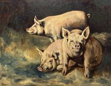 W Harris (British 20th century Naive School): Family of Pigs in a Sty