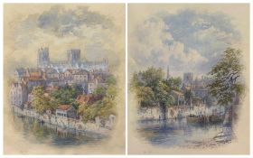 George Fall (British 1845-1925): 'York' Minster from the River Ouse and Back of Coney Street