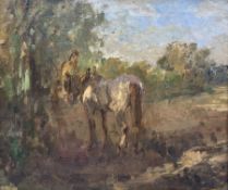 Arthur Spooner (British 1873-1962): Figure with Horse in Field